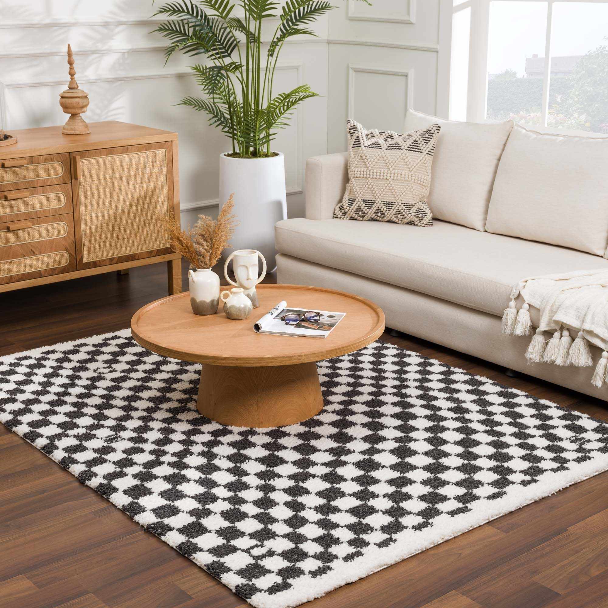 Kieu Black & White Checkered Shag Rug