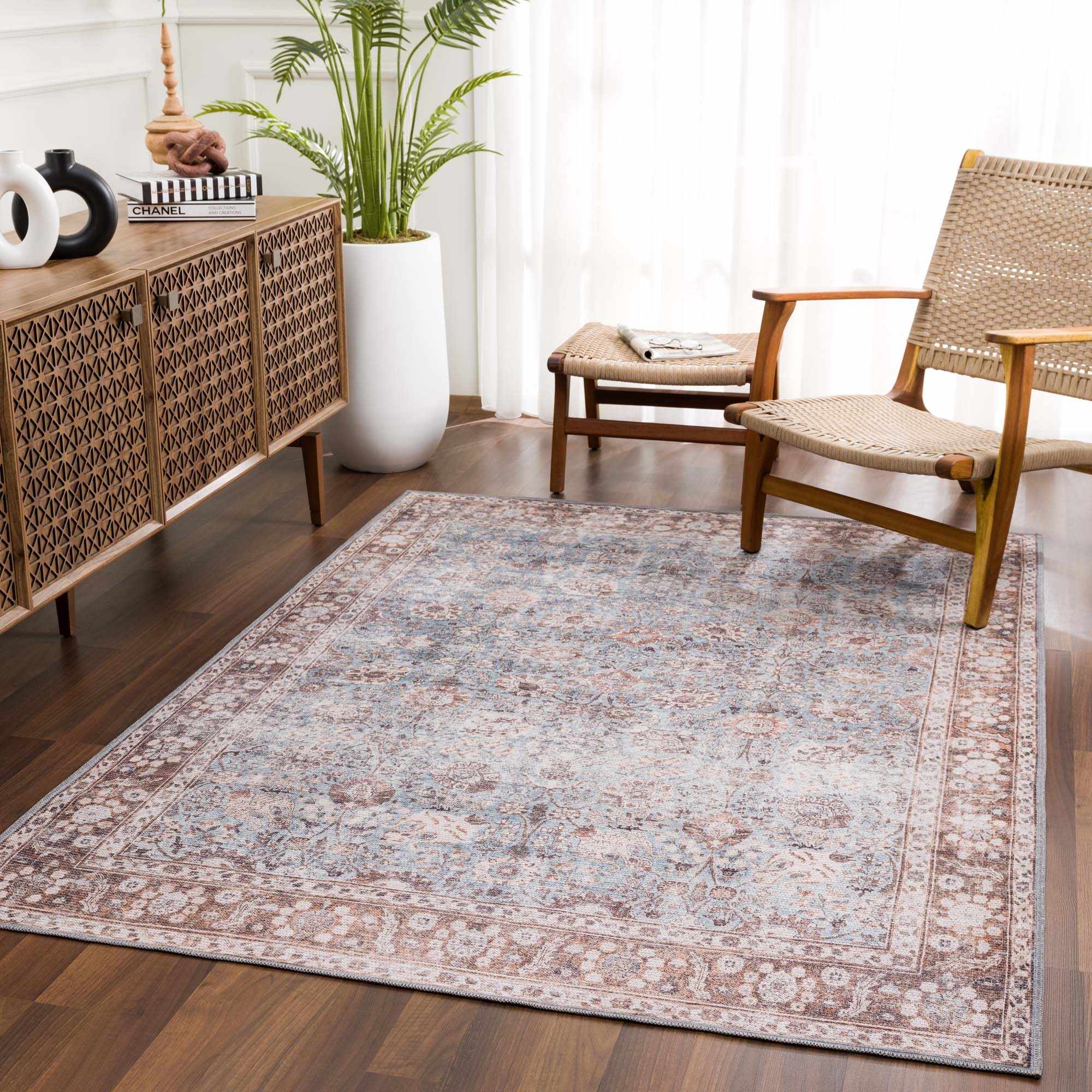 Dauis Brown&Blue Washable Persian Style Rug