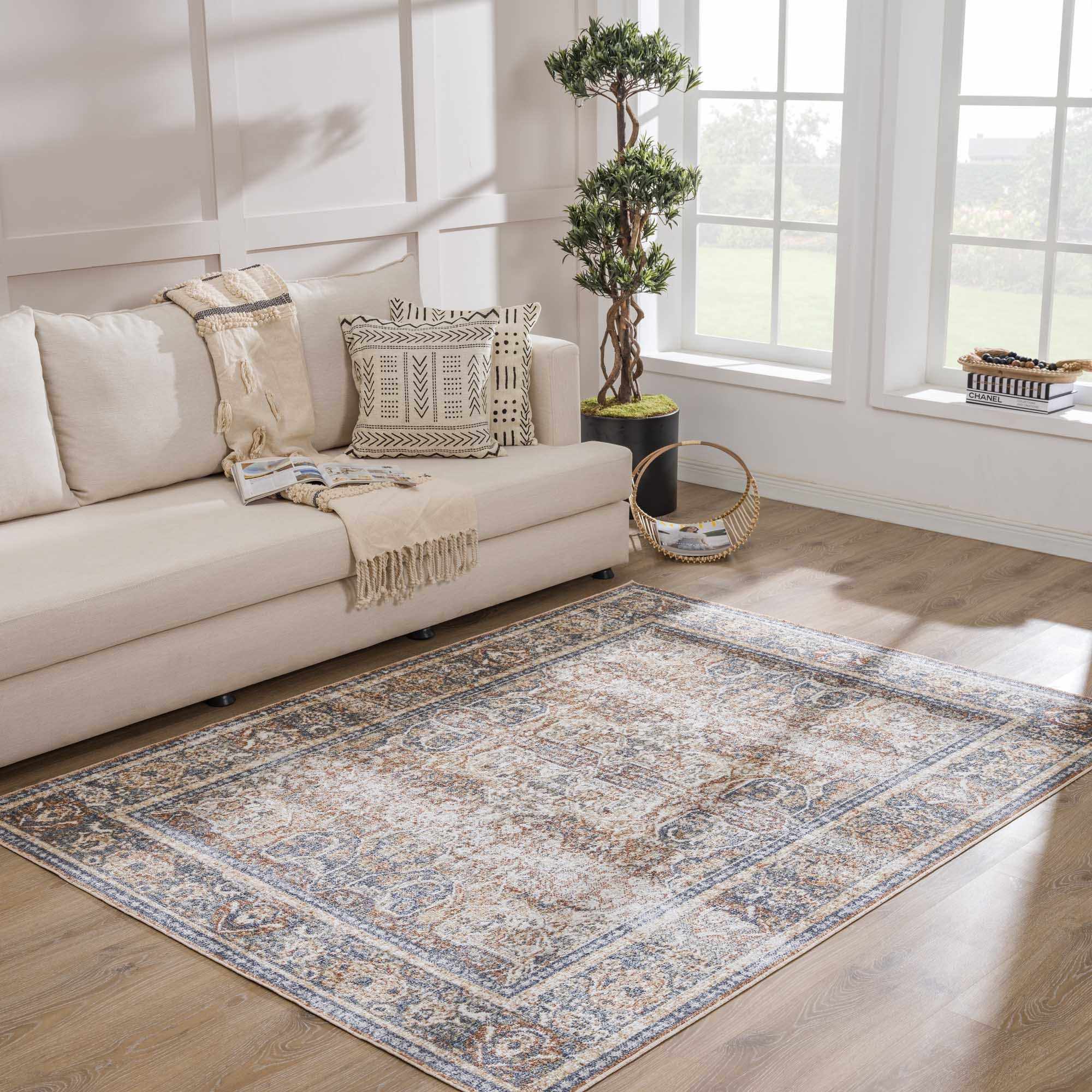 Arias Beige Blue Washable Area Rug