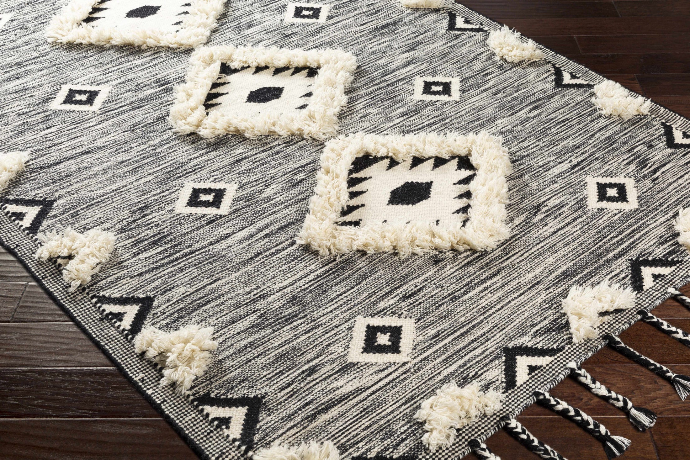 Gardner Cream on Gray Wool Tassel Rug - Clearance