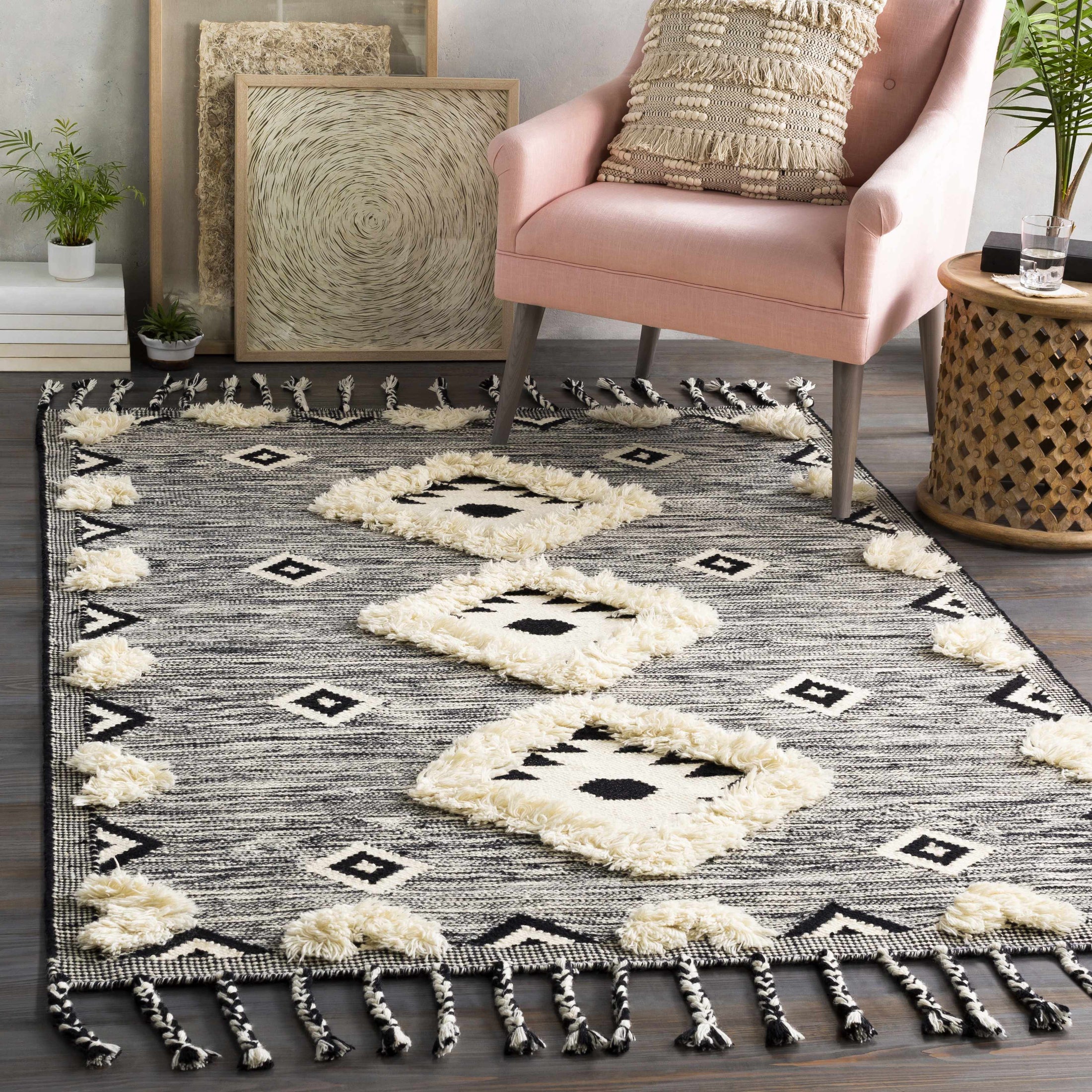 Gardner Cream on Gray Wool Tassel Rug - Clearance